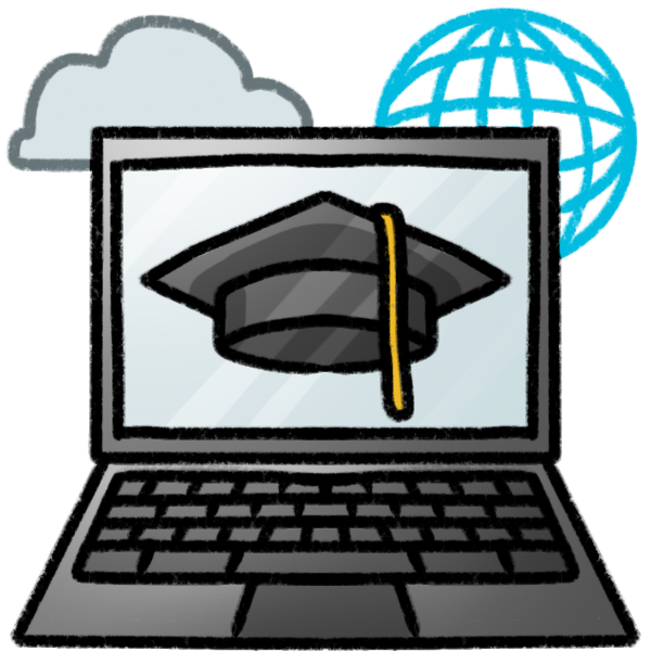 a black laptop displaying a picture of a graduation cap. Behind it are a cloud and a graphed globe, to symbolize the internet.